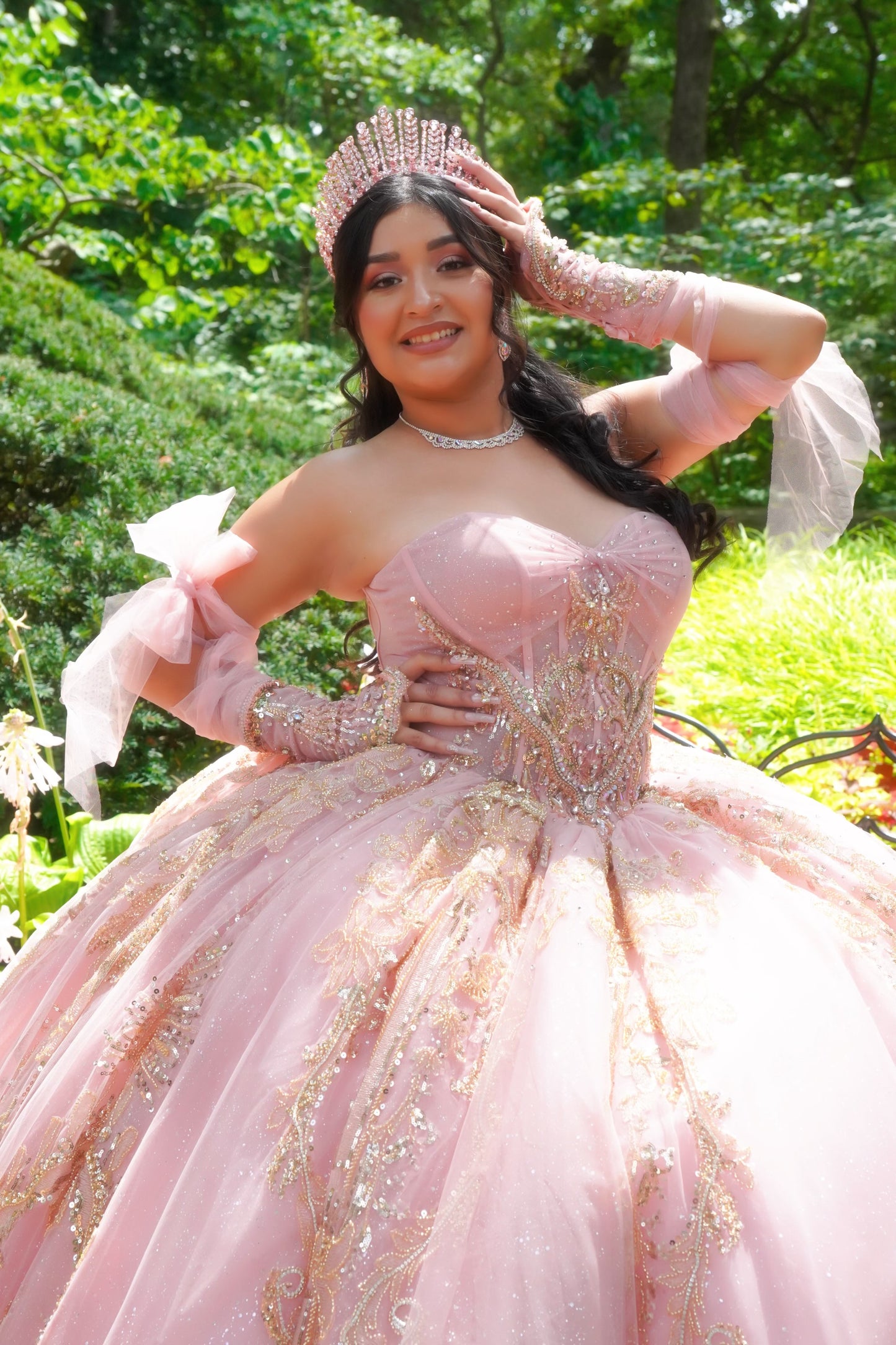 Dusty Blush Quince Dress with Gold Chantilly Lace